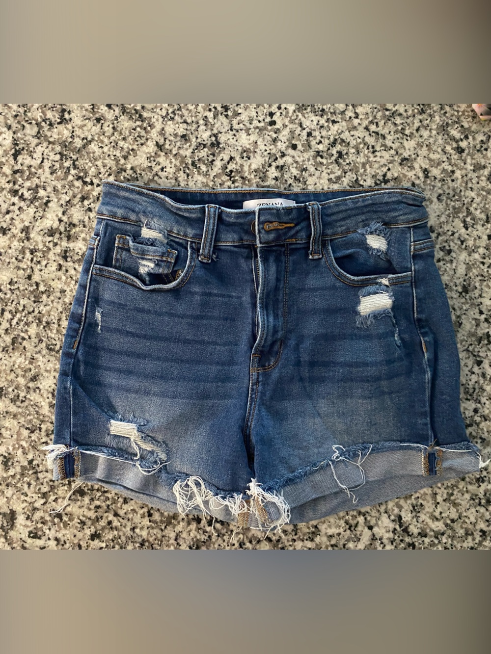 Zenana Outfitters Distressed Dark Blue Denim Shorts